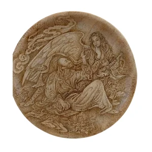 بشقاب چوبی سوخته نگاری انسان و موجودات جادویی